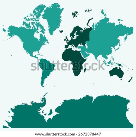 Map of World with continents. Just a simple border map with continent division. Teal color palette. Flat World shape with administrative division. Vector illustration.