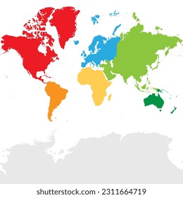 Karte der Weltkontinente - Nordamerika, Südamerika, Afrika, Europa, Asien und Australien. Merkator-Projektion. Jeder Kontinent in einer anderen Farbe.