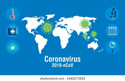 map of world with covid 19 and set icons vector illustration design
