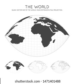 Map of the world in Craig retroazimuthal projection. Globe with latitude and longitude lines. World map on meridians and parallels background. Vector illustration.
