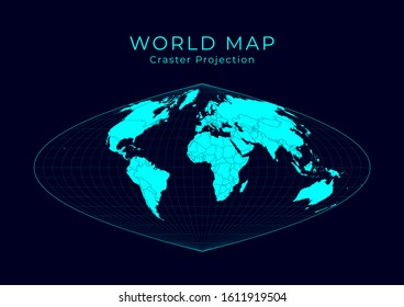 Map of The World. Craster parabolic projection. Futuristic Infographic world illustration. Bright cyan colors on dark background. Trendy vector illustration.
