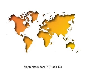 Map of World cut into paper with inner shadow isolated on orange gradient background. Vector illustration with 3D effect.