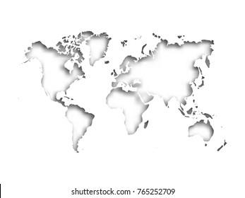 Map of World cut into paper with inner shadow isolated on grey background. Vector illustration with 3D effect.