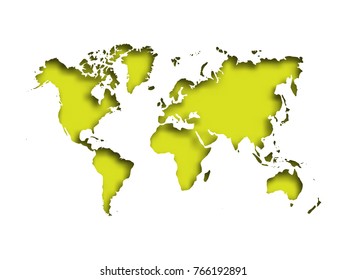 Map of World cut into paper with inner shadow isolated on green background. Vector illustration with 3D effect.