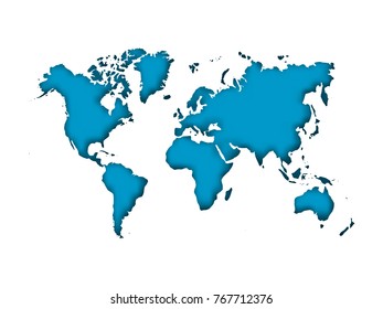 Map of World cut into paper with inner shadow isolated on blue background. Vector illustration with 3D effect.