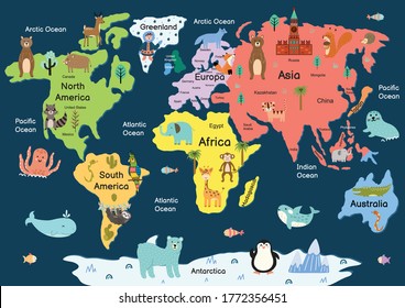 Map of the world with cute animals. Colorful cartoon map with giraffe, lion, monkey, elephant, tiger, bear, fox. Great for poster or banner A4 format. Vector illustration
