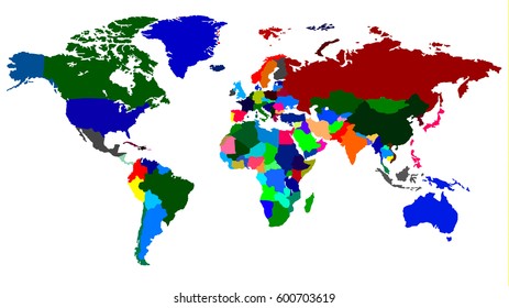 Map of the World Detailed in Bright Rainbow Color with Borders of Countries. Vector Illustration