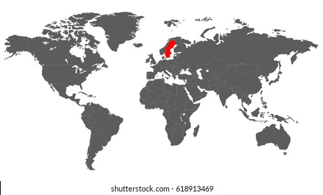 Map of the World Detailed with Sweden Selected Red. Vector Illustration