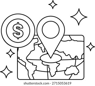 Eine Weltkarte mit einem Dollarzeichen und einem Stern darauf. Das Dollarzeichen befindet sich auf der linken Seite der Karte und der Stern auf der rechten Seite