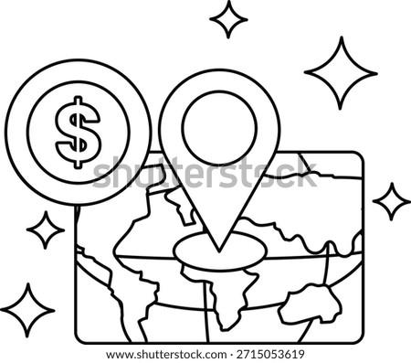 A map of the world with a dollar sign and a star on it. The dollar sign is on the left side of the map and the star is on the right side