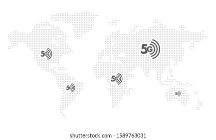 Map of the world dotted with wifi icons, gray silhouette on a white background, internet concept of things, for backgrounds or textures, vector illustration