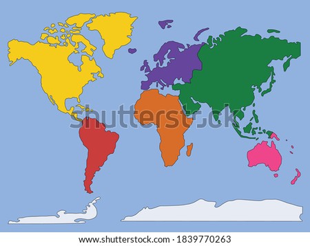 map of the world, each continent painted a different color. Isolated on white background. Risk map of the world.