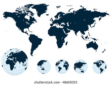 Map of the world and earth globe, vector.