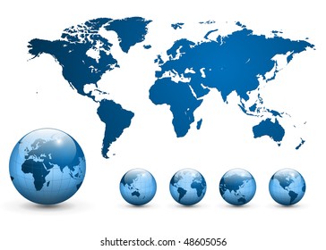 Map of the world and earth globe, vector.