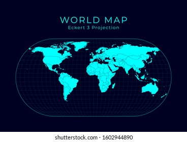 Map of The World. Eckert III projection. Futuristic Infographic world illustration. Bright cyan colors on dark background. Astonishing vector illustration.