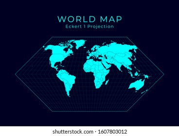 Map of the World. Eckert I projection. Futuristic infographic world illustration. Bright cyan colors on a dark background. Appealing vector illustration.
