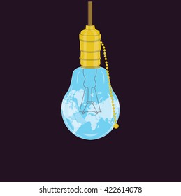map of the world in an electric light bulb on a dark background