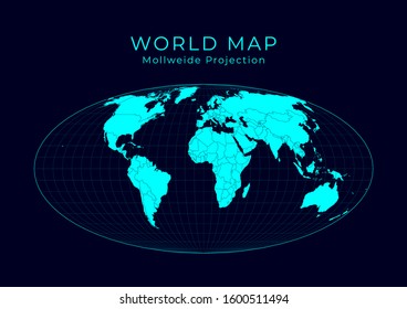 Map of the world. Equal-area, pseudocylindrical Mollweide projection. Futuristic infographic world illustration. Bright cyan colors on dark background. Authentic vector illustration.
