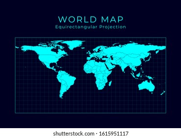Map of The World. Equirectangular (plate carree) projection. Futuristic Infographic world illustration. Bright cyan colors on dark background. Captivating vector illustration. svg