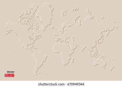  Map of the world, extruded texture background beige monochrome 3d vector illustration