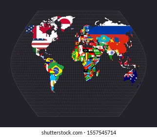 Map of the world with flags. Ginzburg VIII projection. Map of the world with meridians on dark background. Vector illustration.