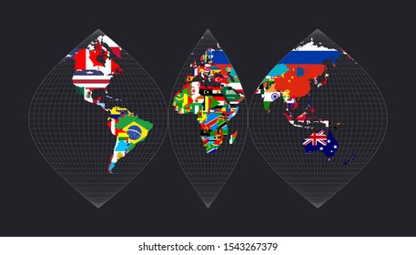 Map of the world with flags. Interrupted sinusoidal projection. Map of the world with meridians on dark background. Vector illustration.