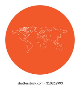 Map Of The World. Flat Outline White Pictogram In The Orange Circle. Vector Illustration Icon