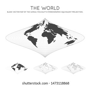 Map of The World. Foucault's stereographic equivalent projection. Globe with latitude and longitude lines. World map on meridians and parallels background. Vector illustration.