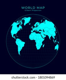 Map of the World. Gilbert's two-world perspective projection. Futuristic infographic illustration. Bright cyan colors on dark background. Creative vector illustration.