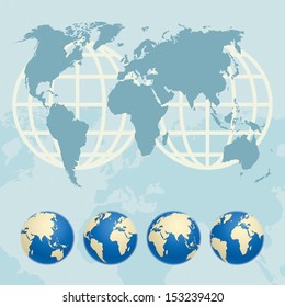 Map of the World and globes. Map source (public domain): http://www.lib.utexas.edu/maps/world.html