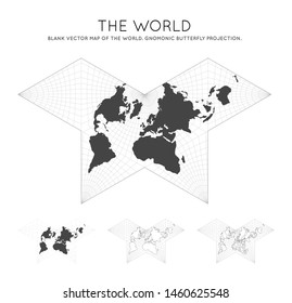 Map of The World. Gnomonic butterfly projection. Globe with latitude and longitude lines. World map on meridians and parallels background. Vector illustration.