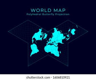 Map of The World. Gnomonic butterfly projection. Futuristic Infographic world illustration. Bright cyan colors on dark background. Radiant vector illustration.