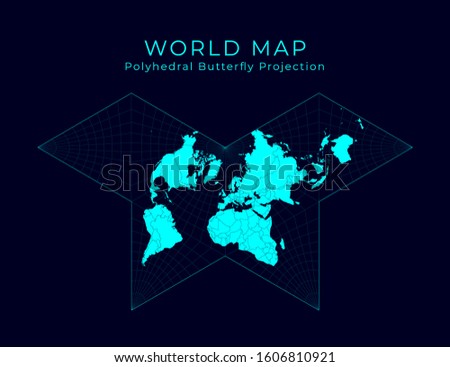 Map of the World. Gnomonic butterfly projection. Futuristic Infographic world illustration. Bright cyan colors on dark background. Radiant vector illustration.