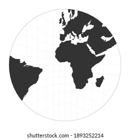 Map of the World. Gnomonic projection. Globe with latitude and longitude net. World map on meridians and parallels background. Vector illustration.