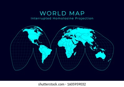 Map of the World. Goode's interrupted homolosine projection. Futuristic infographic world illustration. Bright cyan colors on dark background. Charming vector illustration.
