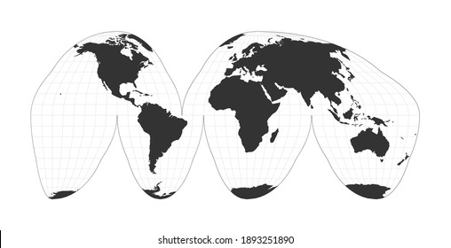 Map of The World. Goode's interrupted homolosine projection. Globe with latitude and longitude net. World map on meridians and parallels background. Vector illustration.