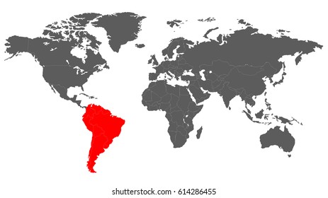 Map of the World in Grey Color with South America Marked Red. Vector Illustration