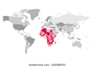 Map of World in grey colors with red highlighted countries of Africa. Vector illustration.