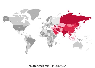 Map of World in grey colors with red highlighted countries of Asia. Vector illustration.