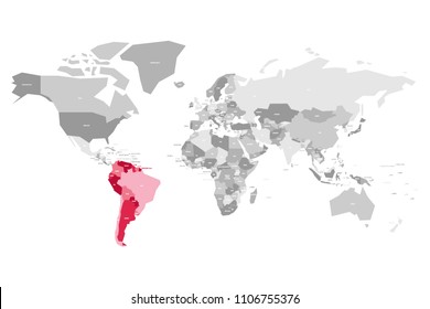 Map of World in grey colors with red highlighted countries of South America. Vector illustration.