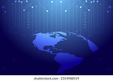 Map and world (half world) below, and above is electronic circuit overlapping. Gradient dark blue background.