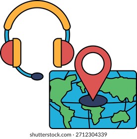 Eine Weltkarte mit einem Headset und einem Mikrofon. Die Karte ist schwarz-weiß gezeichnet