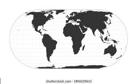 Map of the World. Herbert Hufnagel's pseudocylindrical equal-area projection. Globe with latitude and longitude net. World map on meridians and parallels background. Vector illustration.