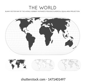 Map of The World. Herbert Hufnage's pseudocylindrical equal-area projection. Globe with latitude and longitude lines. World map on meridians and parallels background. Vector illustration.