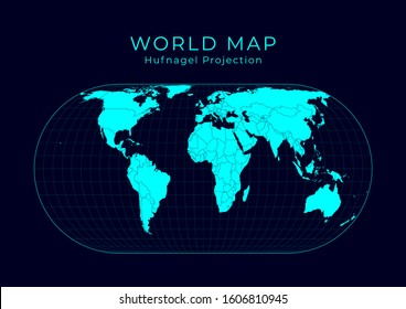 Map of The World. Herbert Hufnage's pseudocylindrical equal-area projection. Futuristic Infographic world illustration. Bright cyan colors on dark background. Awesome vector illustration.