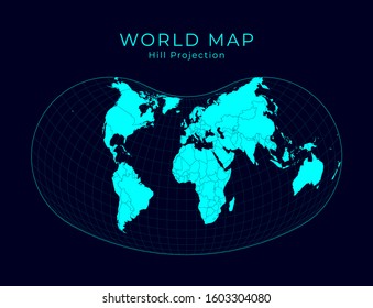Map of the World. Hill projection. Futuristic infographic world illustration with bright cyan colors on a dark background. Attractive vector illustration.