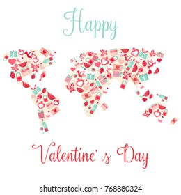 Map of the world  with holiday elements for Valentine's Day