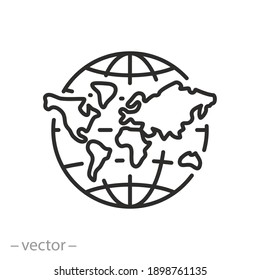 Weltkarte Symbol, Globus mit Kontinenten, Logo Erde, globale Konzepttechnologie, Weltraum für die Vernetzung, Dünnzeilensymbol auf weißem Hintergrund - bearbeitbare Schlaganzeige