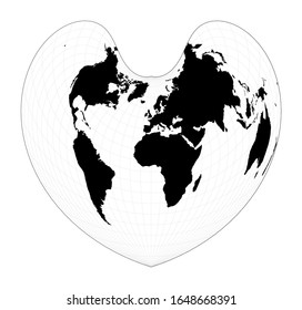 Map of the world illustration. Bonne pseudoconical equal-area projection. Plane world geographical map with graticule lines. Vector illustration.