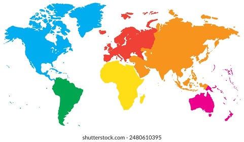 Map of the world with individual colors for each continent, isolated on white background. Detailed world map, vector illustration.